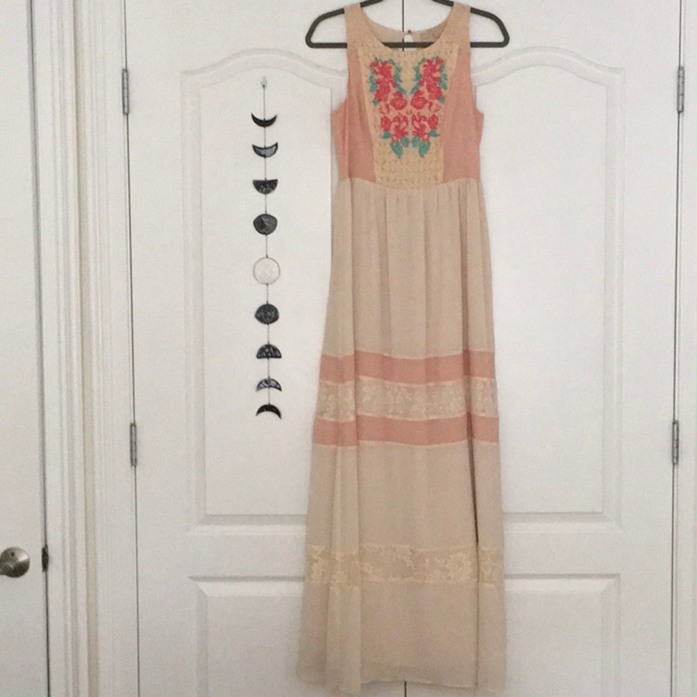 Embroidered Rose and Ivory Maxi Dress